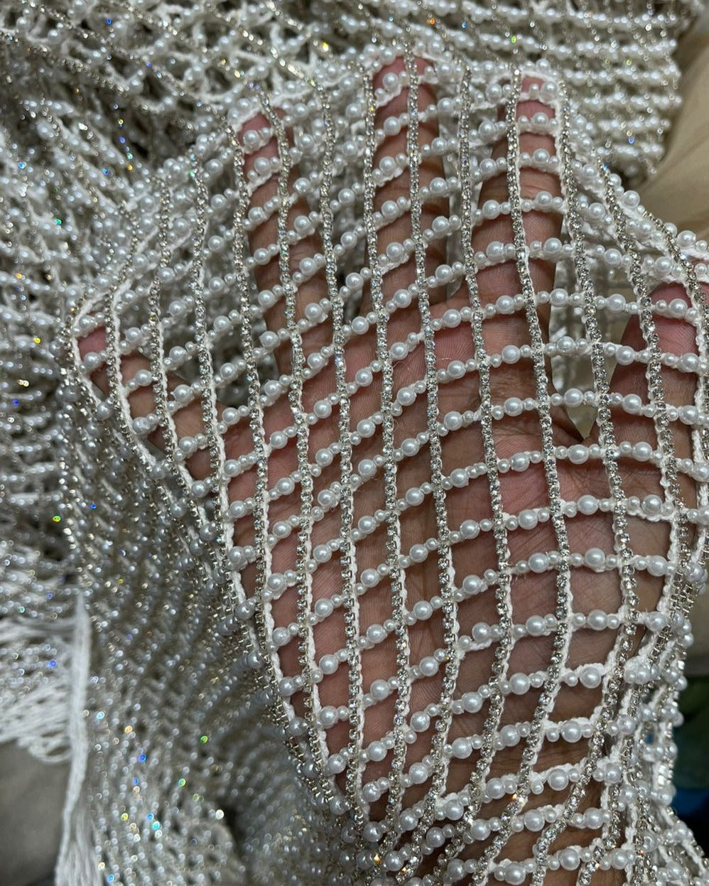 handmade fabric for luxury wedding dress made with pearls and crystals