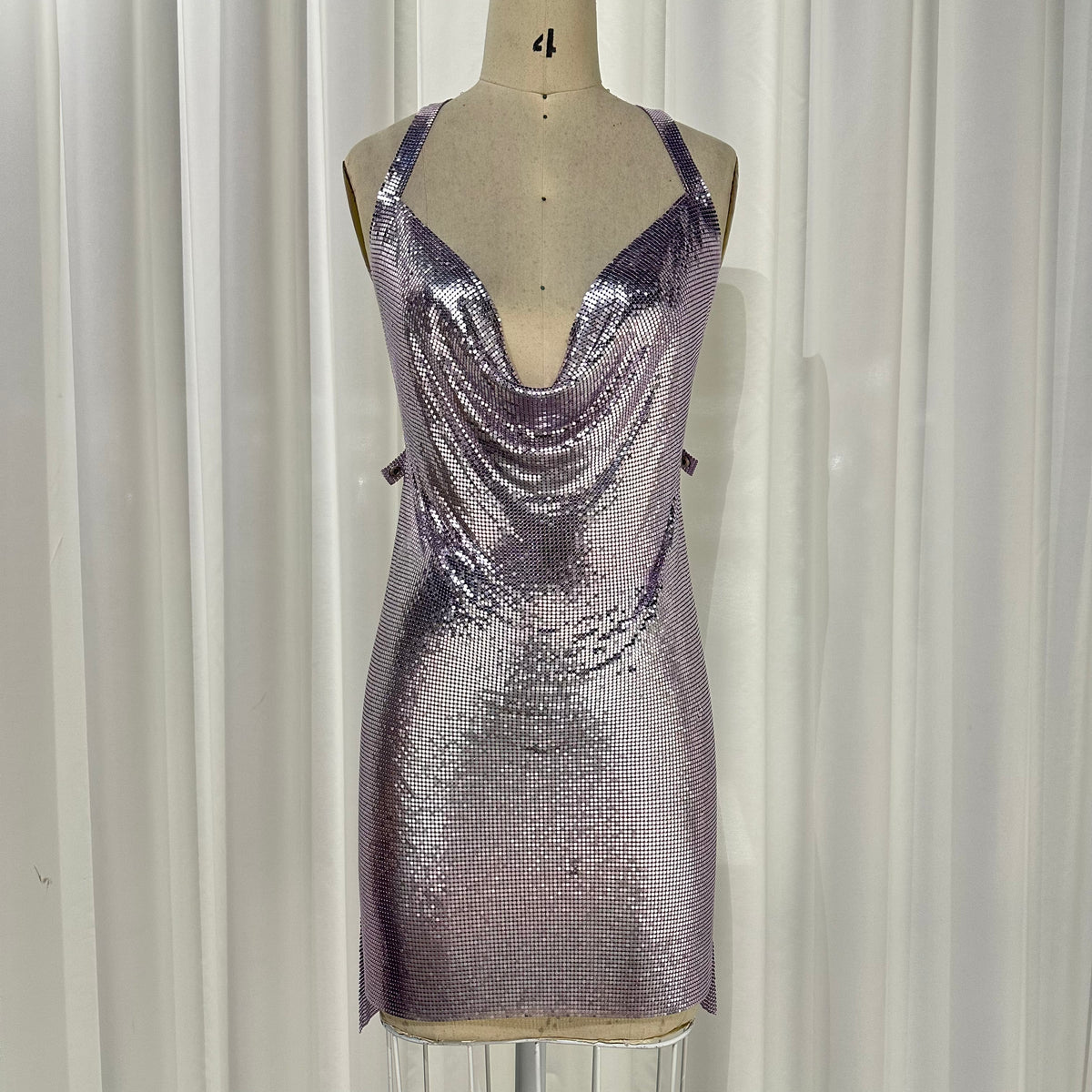 Iridescent Pink Metal Mesh Mini Cowl Neck Party Dress – Atelier Rioux  Fabric Store
