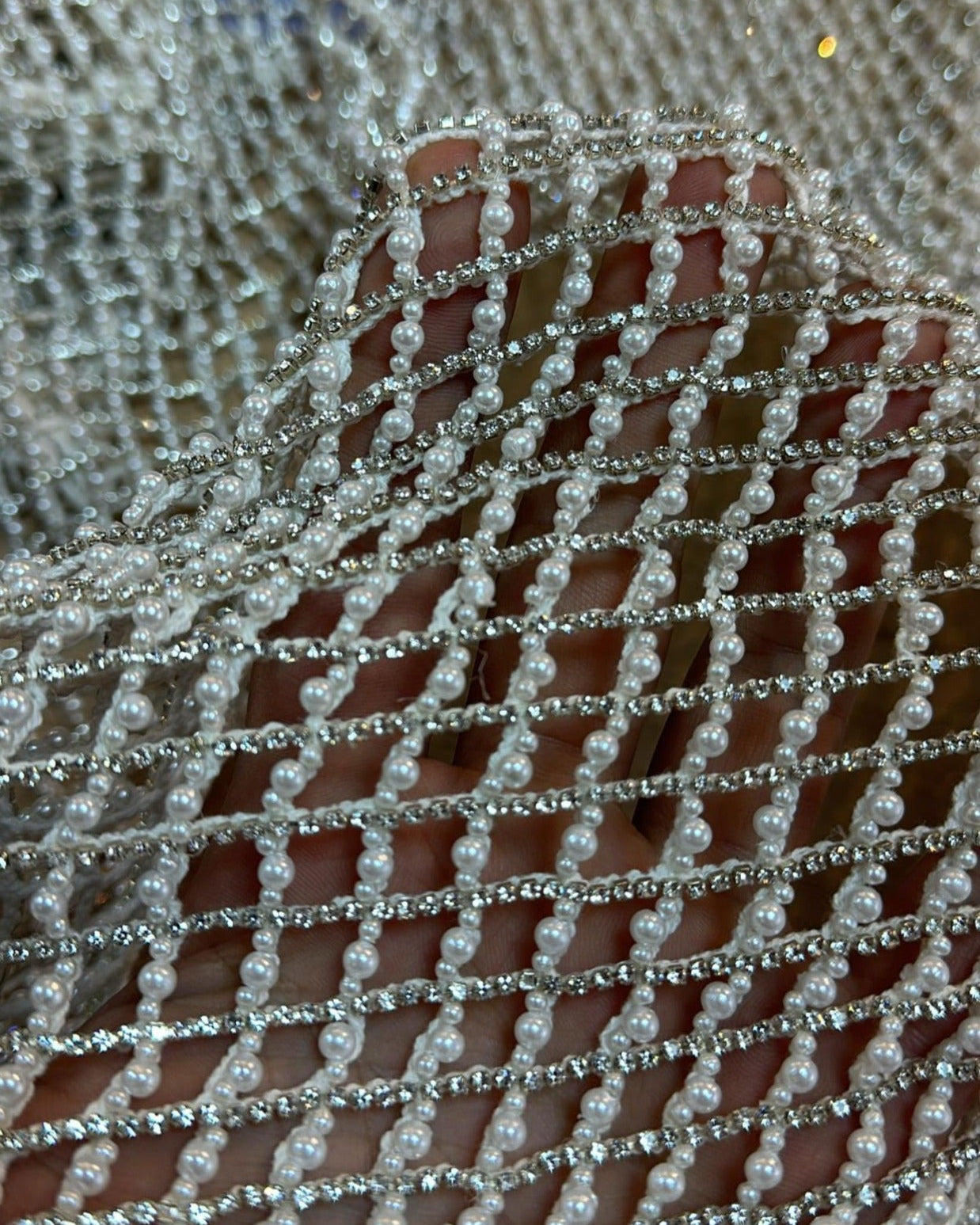 handmade fabric for luxury wedding dress made with pearls and crystals