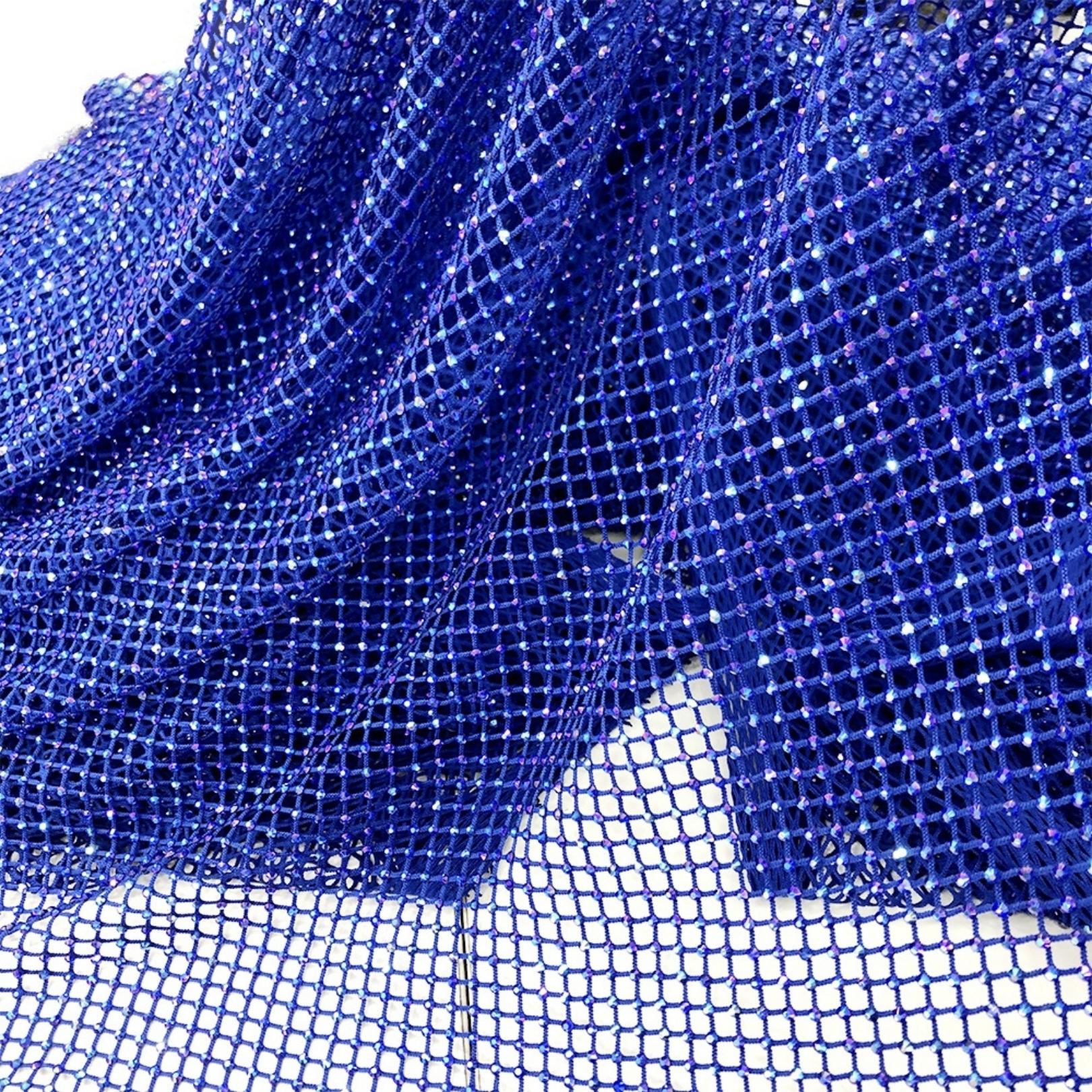 blue sapphire ab crystal fishnet stretchable fabric for clothes