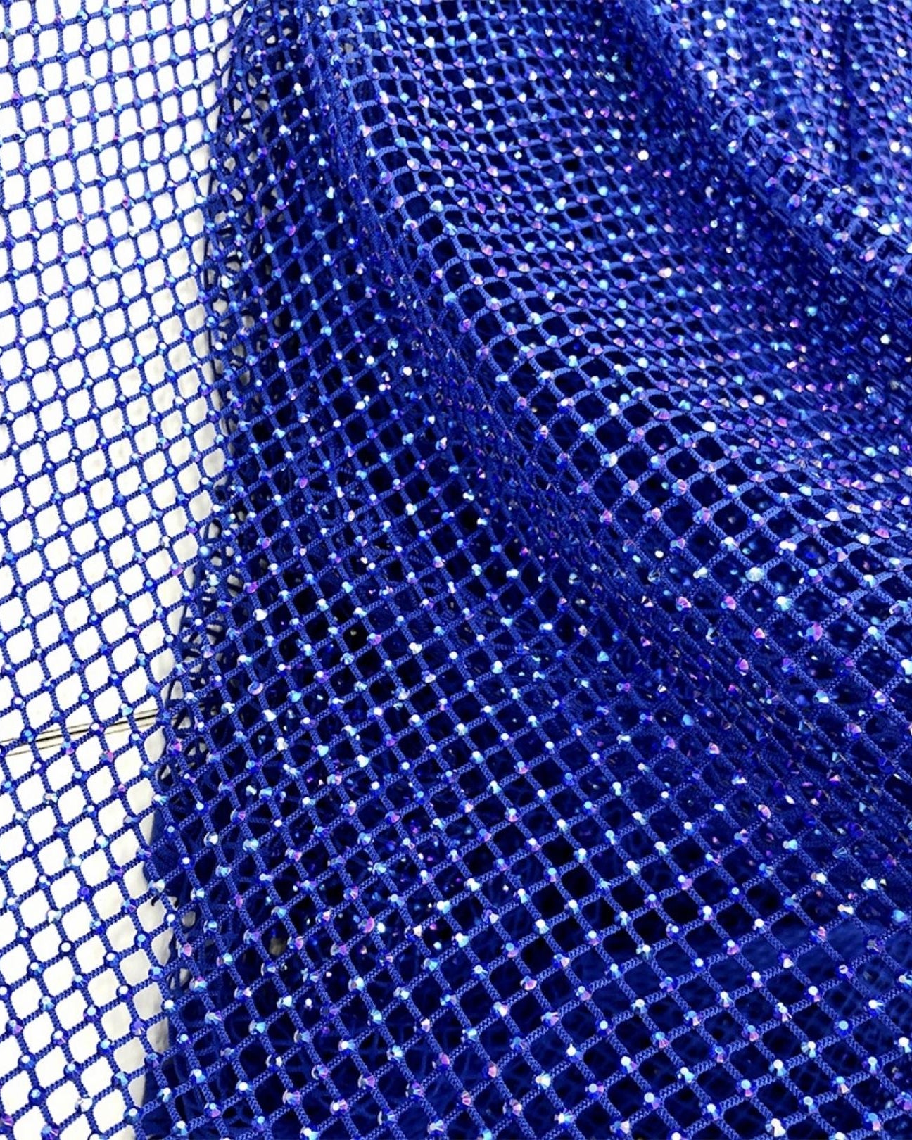 blue sapphire ab crystal fishnet stretchable fabric for clothes