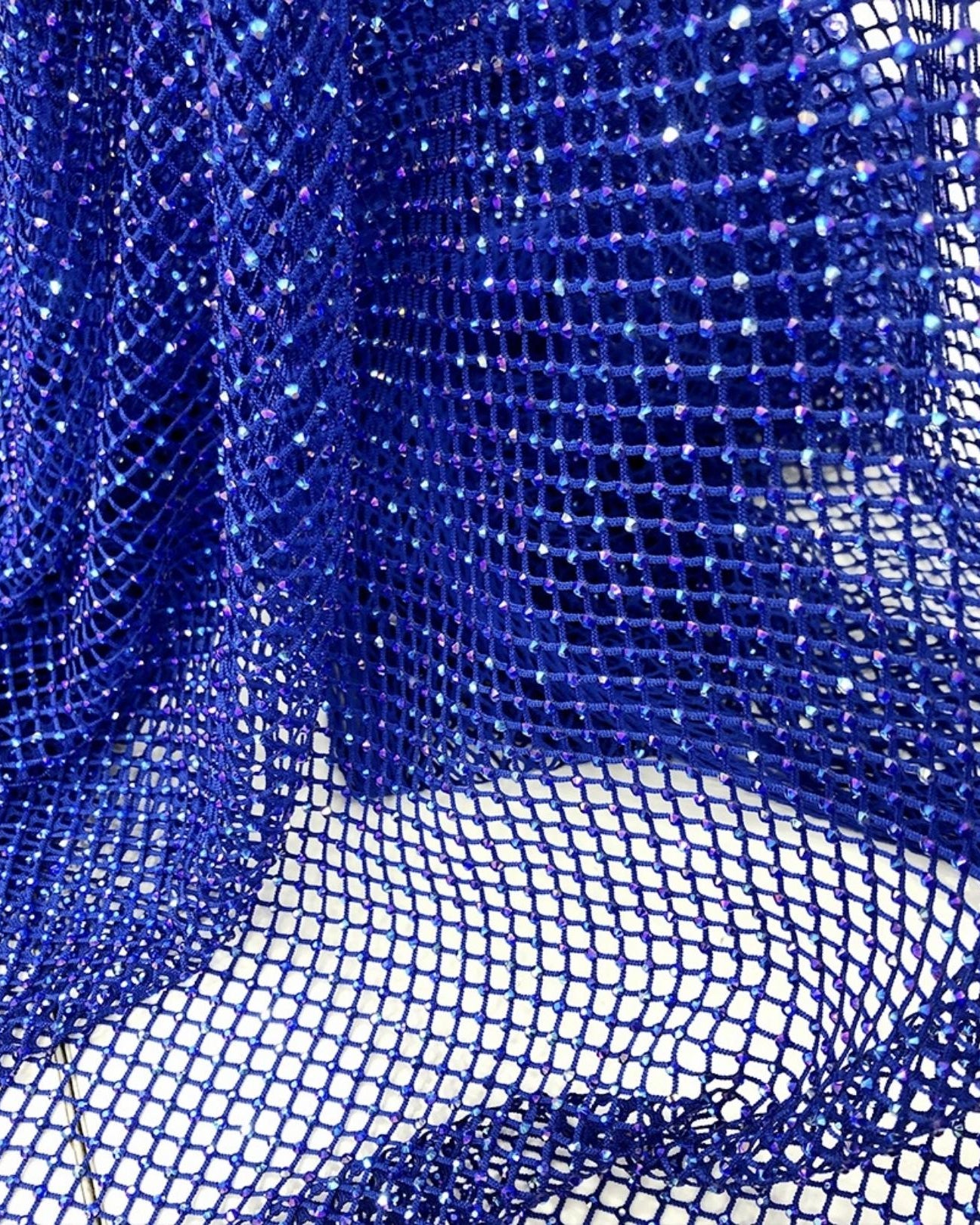 blue sapphire ab crystal fishnet stretchable fabric for clothes
