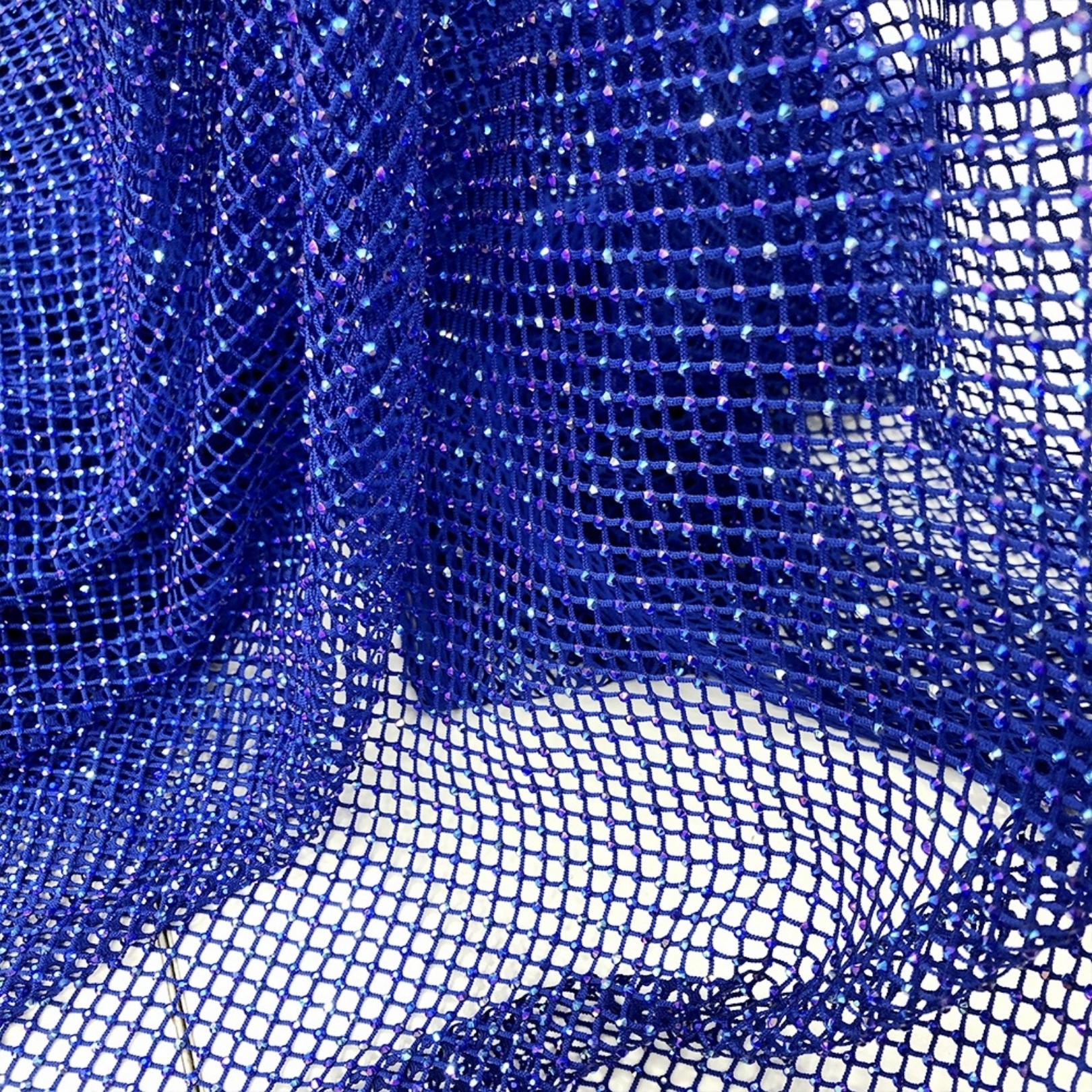 blue sapphire ab crystal fishnet stretchable fabric for clothes