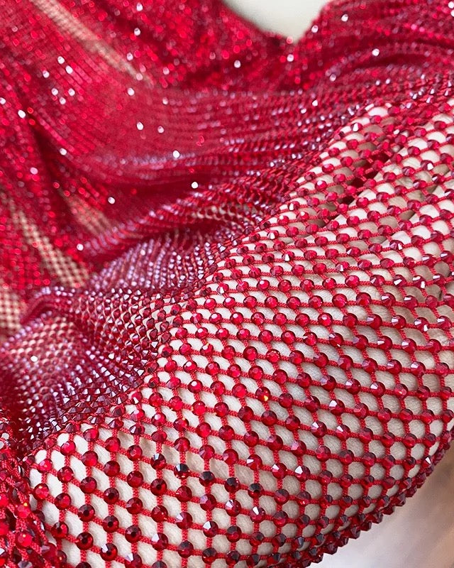 red lt siam crystal fishnet stretchable rhinestone swarovski fabric