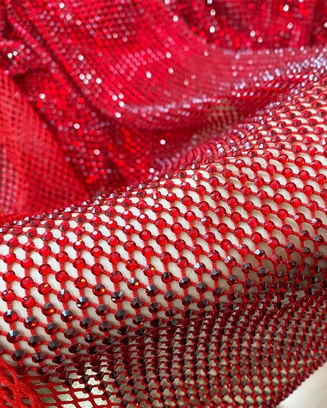 red lt siam crystal fishnet stretchable rhinestone swarovski fabric