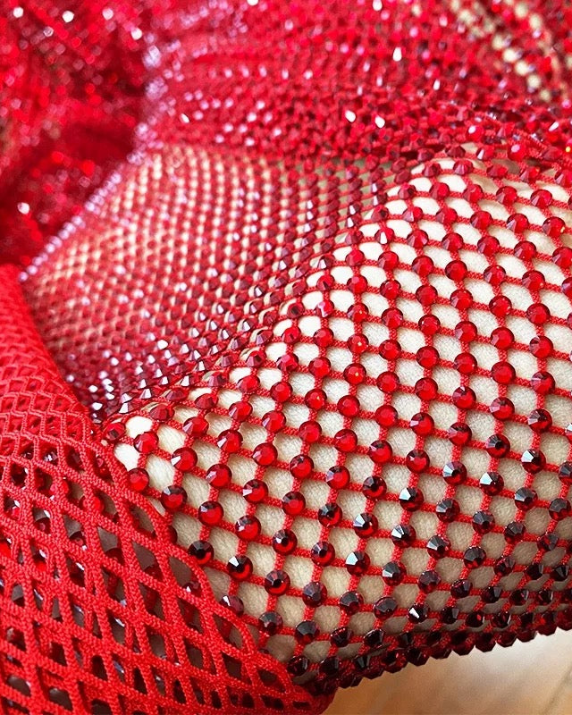 red lt siam crystal fishnet stretchable rhinestone swarovski fabric