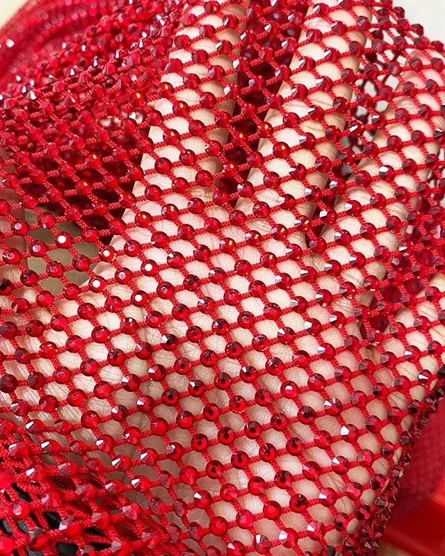 red lt siam crystal fishnet stretchable rhinestone swarovski fabric