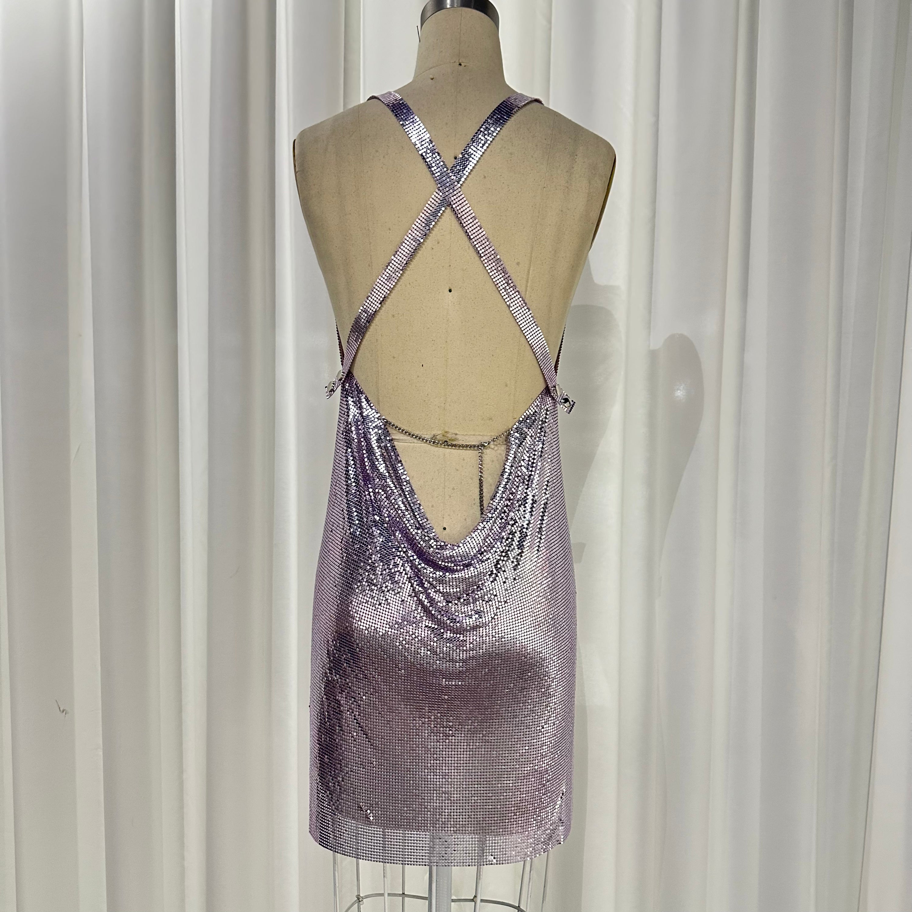 Iridescent Pink Metal Mesh Mini Cowl Neck Party Dress