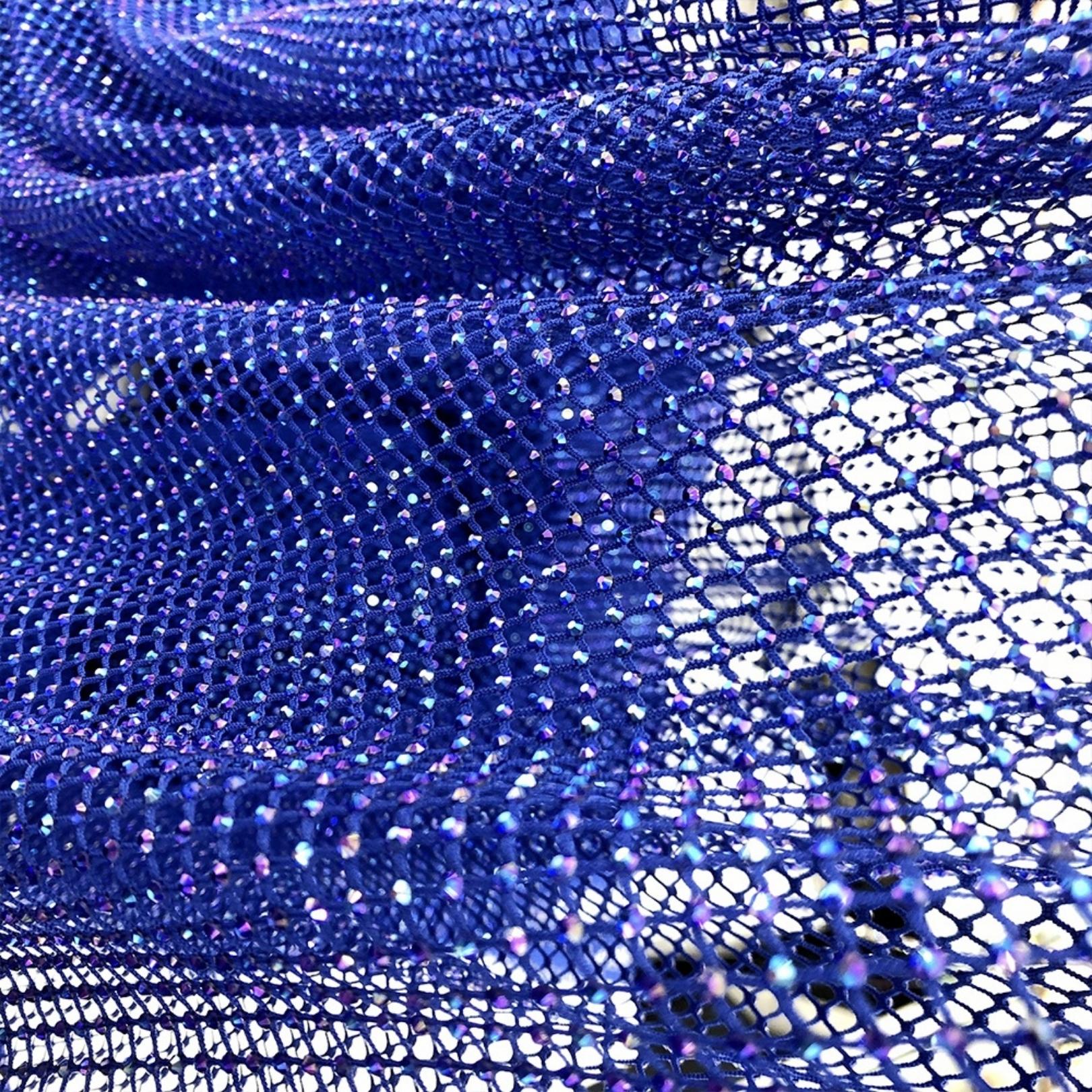 blue sapphire ab crystal fishnet stretchable fabric for clothes