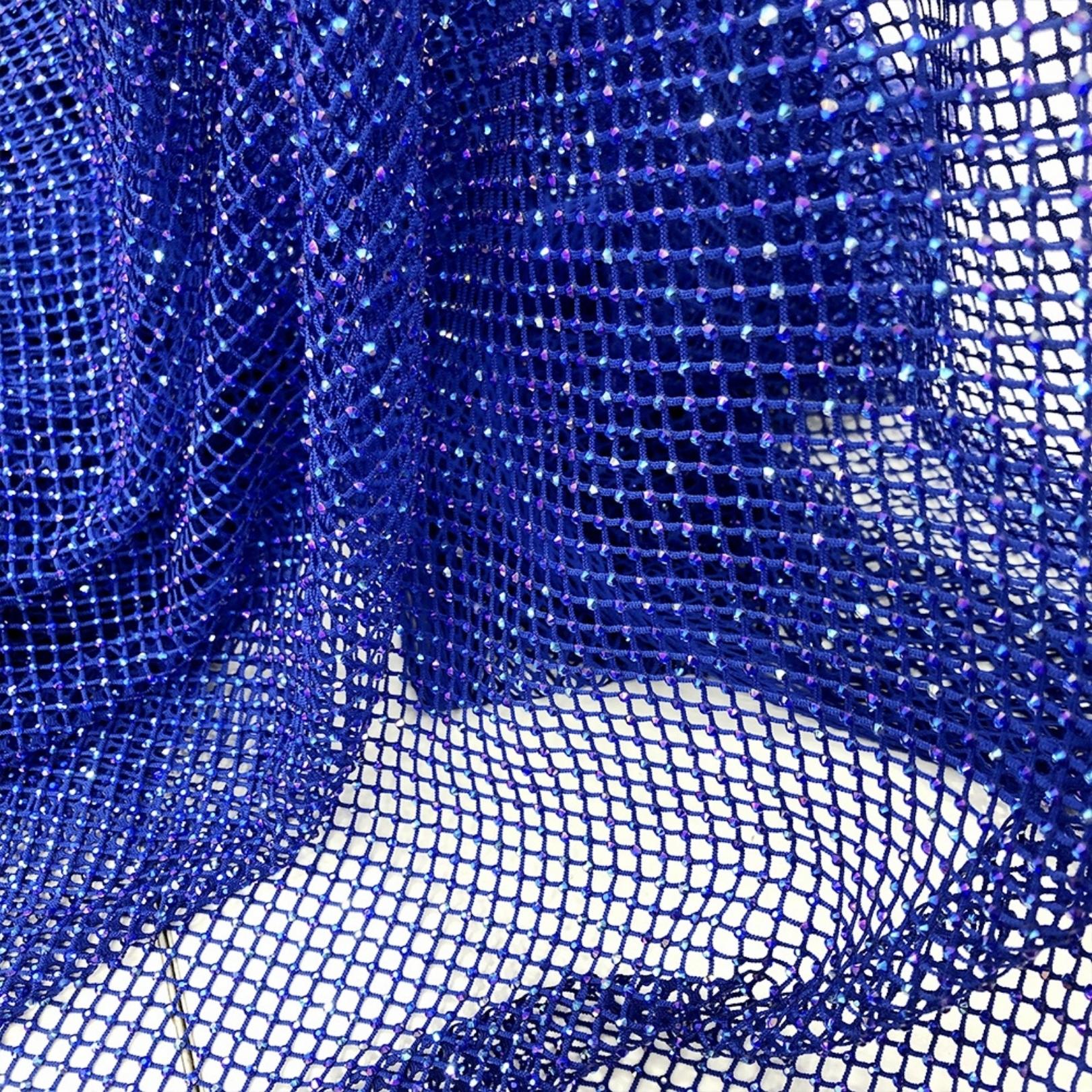 blue sapphire ab crystal fishnet stretchable fabric for clothes