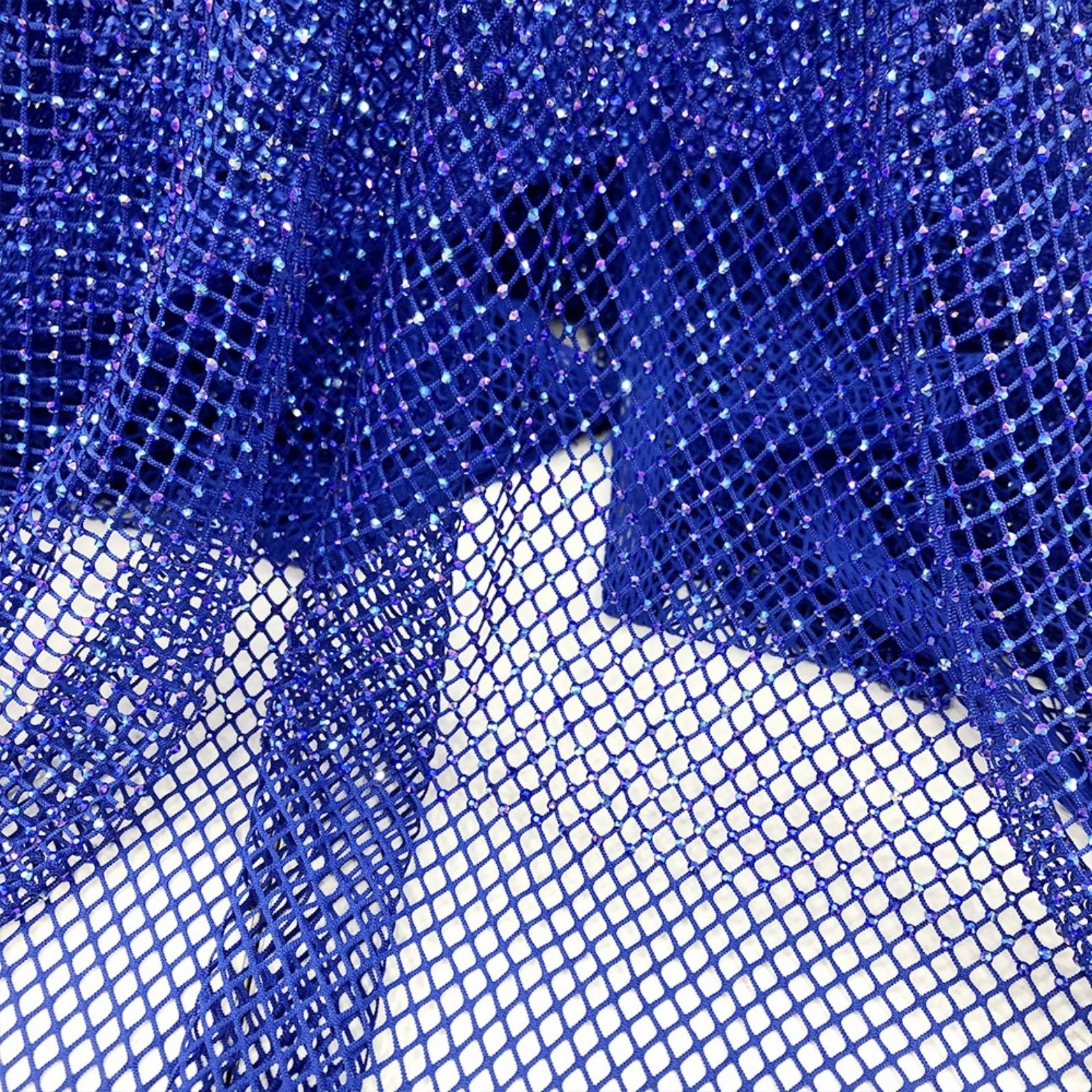 blue sapphire ab crystal fishnet stretchable fabric for clothes