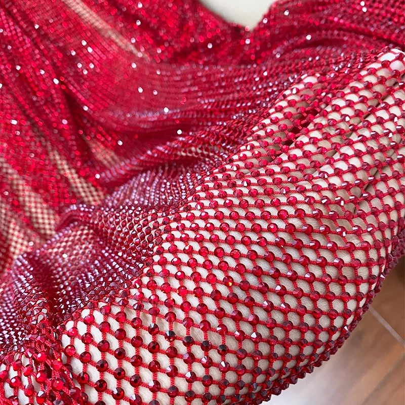 red lt siam crystal fishnet stretchable rhinestone swarovski fabric