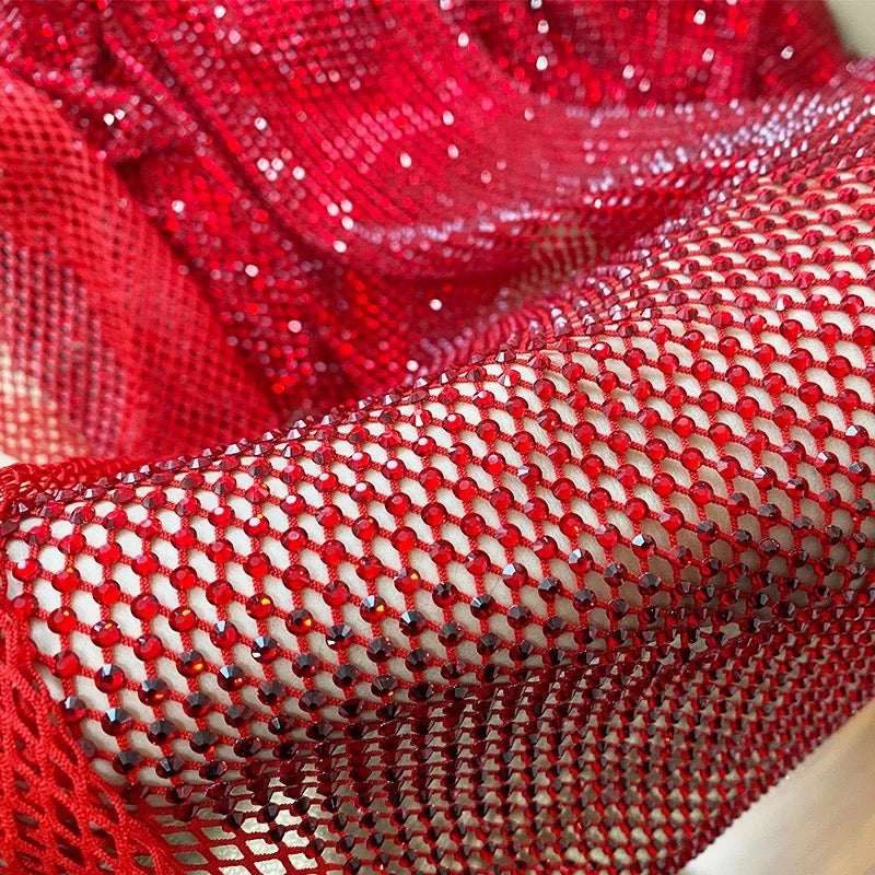 red lt siam crystal fishnet stretchable rhinestone swarovski fabric