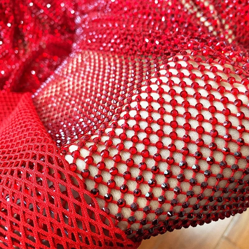 red lt siam crystal fishnet stretchable rhinestone swarovski fabric